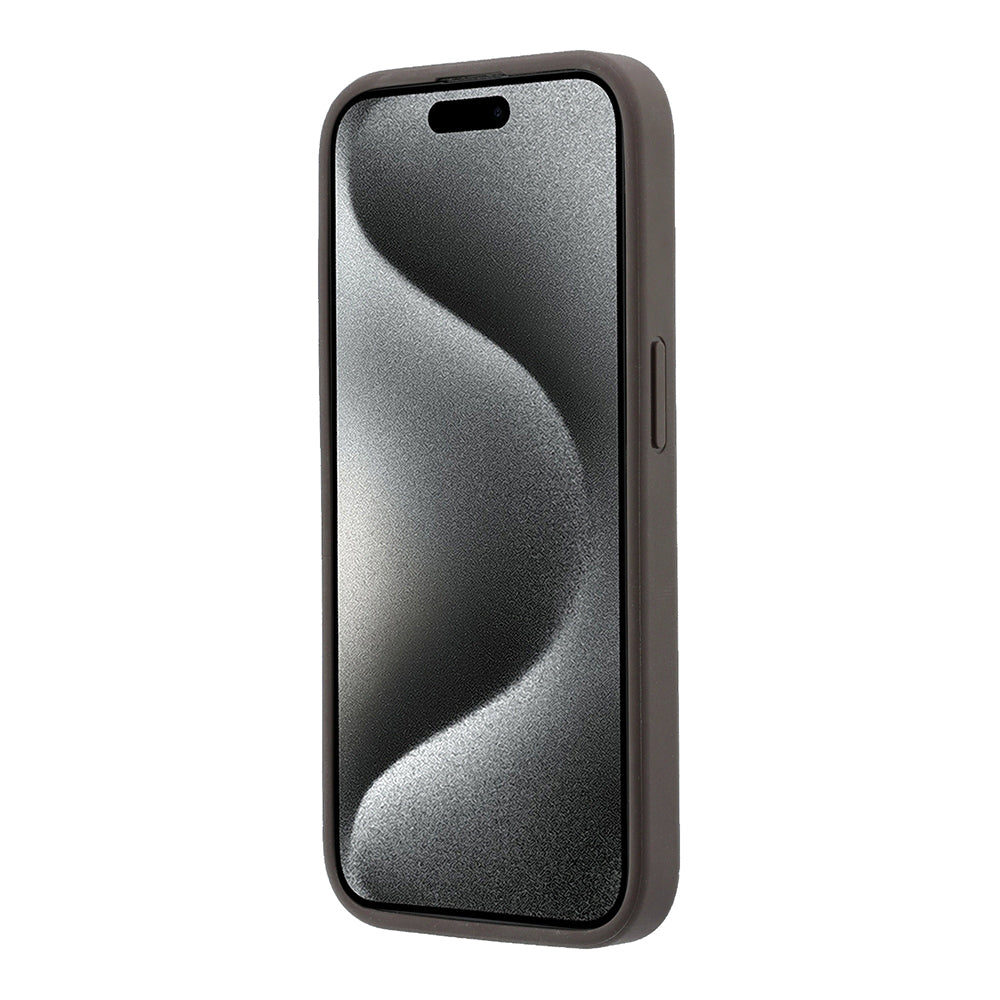 Apple iPhone 15 Pro Kılıf Guess M-safe Kabartmalı 4G Desenli Yazı Logolu Kapak Kahverengi
