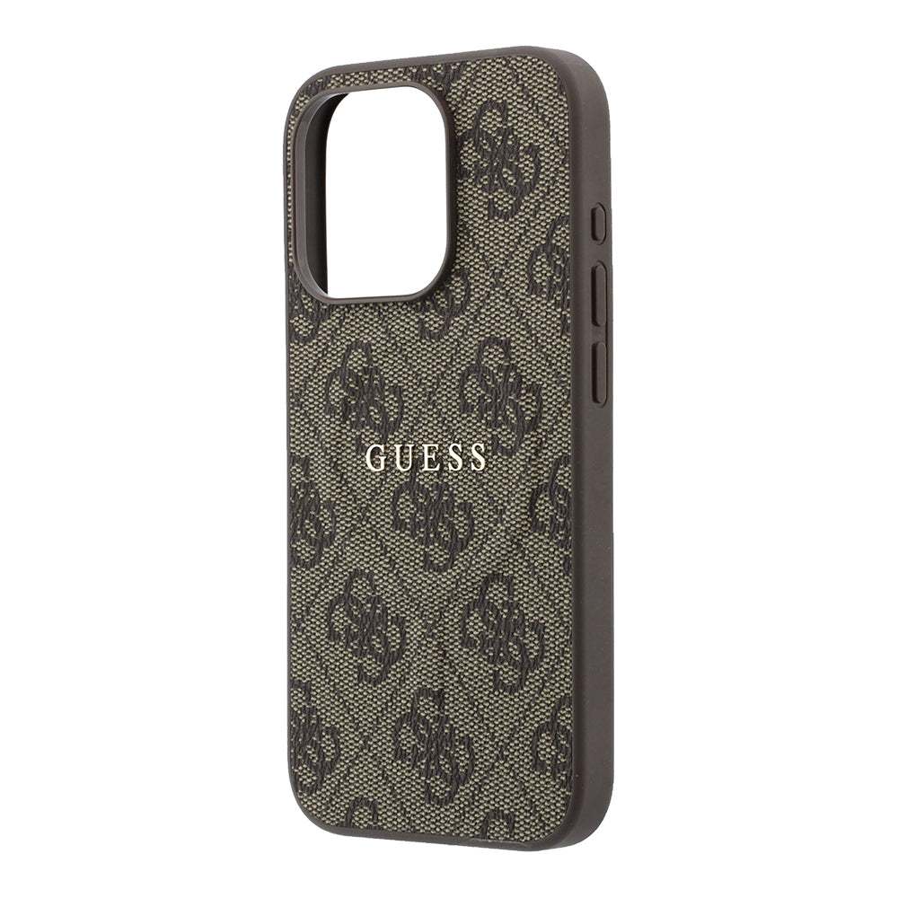 Apple iPhone 15 Pro Kılıf Guess M-safe Kabartmalı 4G Desenli Yazı Logolu Kapak Kahverengi