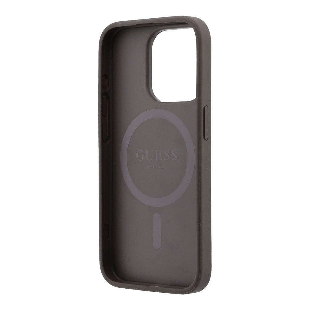 Apple iPhone 15 Pro Kılıf Guess M-safe Kabartmalı 4G Desenli Yazı Logolu Kapak Kahverengi