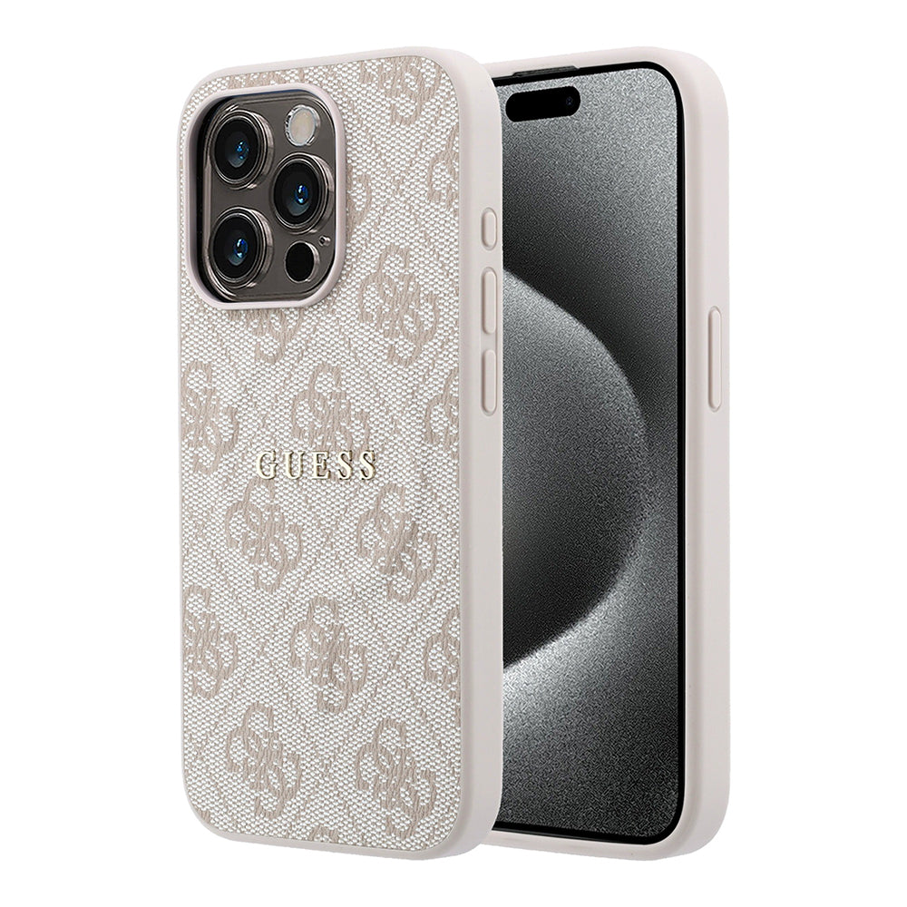 Apple iPhone 15 Pro Kılıf Guess M-safe Kabartmalı 4G Desenli Yazı Logolu Kapak Pembe