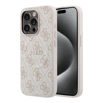 Apple iPhone 15 Pro Kılıf Guess M-safe Kabartmalı 4G Desenli Yazı Logolu Kapak Pembe