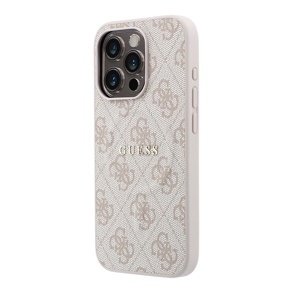 Apple iPhone 15 Pro Kılıf Guess M-safe Kabartmalı 4G Desenli Yazı Logolu Kapak Pembe