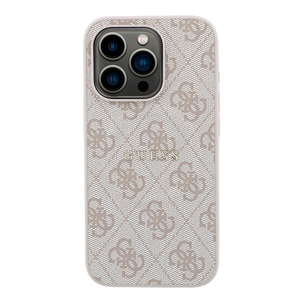 Apple iPhone 15 Pro Kılıf Guess M-safe Kabartmalı 4G Desenli Yazı Logolu Kapak Pembe