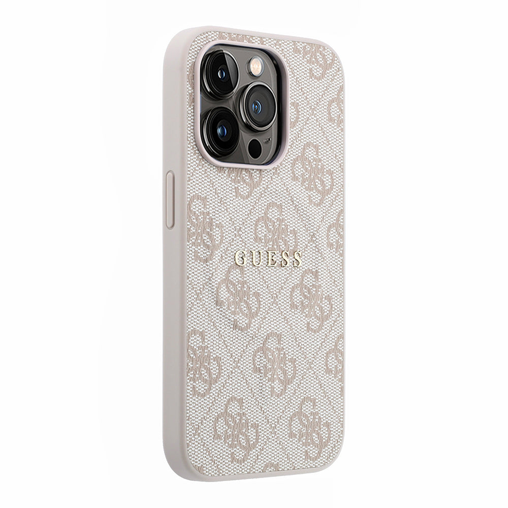 Apple iPhone 15 Pro Kılıf Guess M-safe Kabartmalı 4G Desenli Yazı Logolu Kapak Pembe