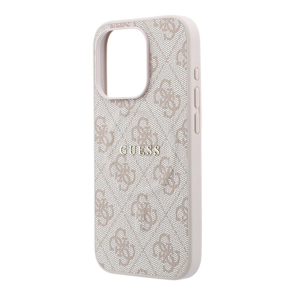 Apple iPhone 15 Pro Kılıf Guess M-safe Kabartmalı 4G Desenli Yazı Logolu Kapak Pembe