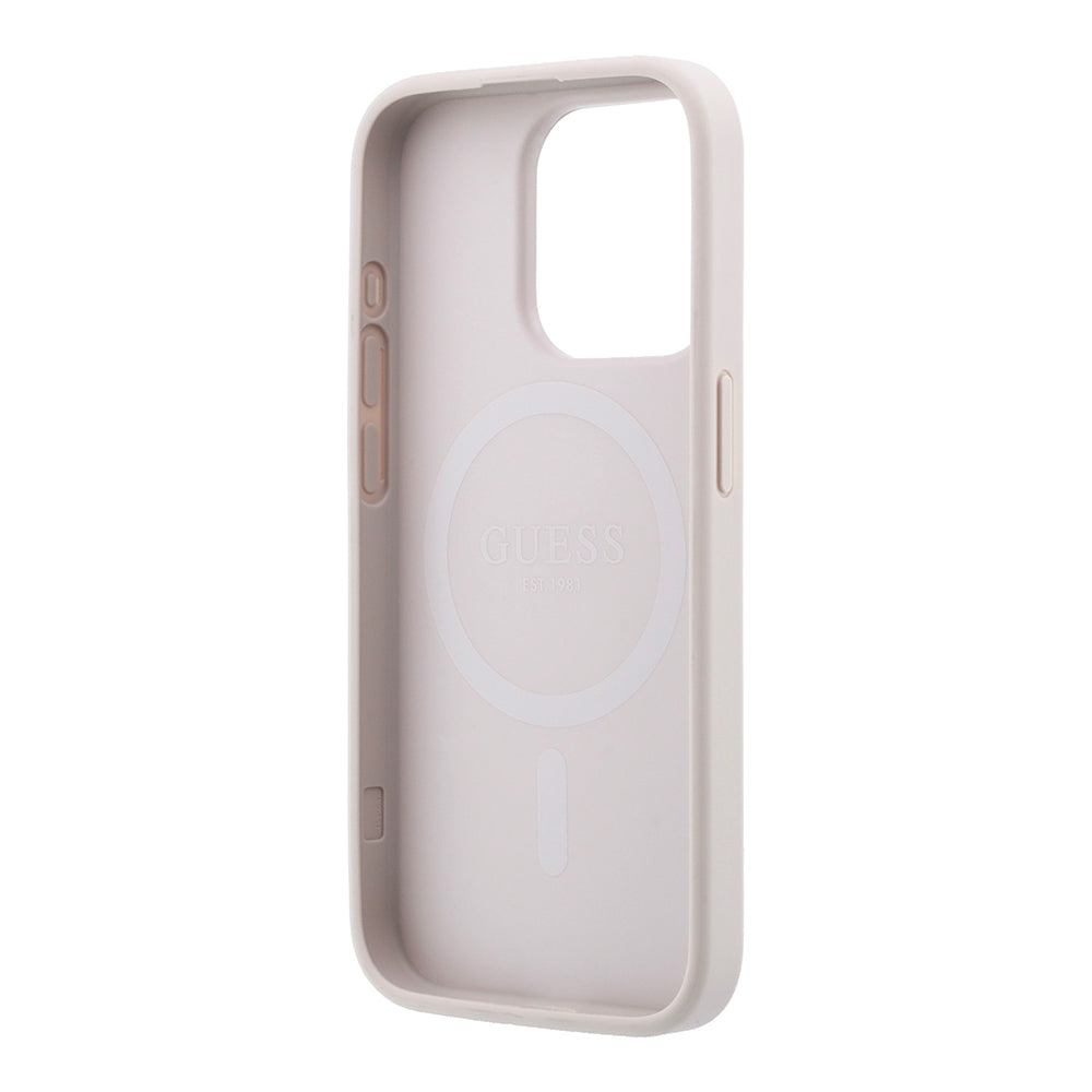 Apple iPhone 15 Pro Kılıf Guess M-safe Kabartmalı 4G Desenli Yazı Logolu Kapak Pembe