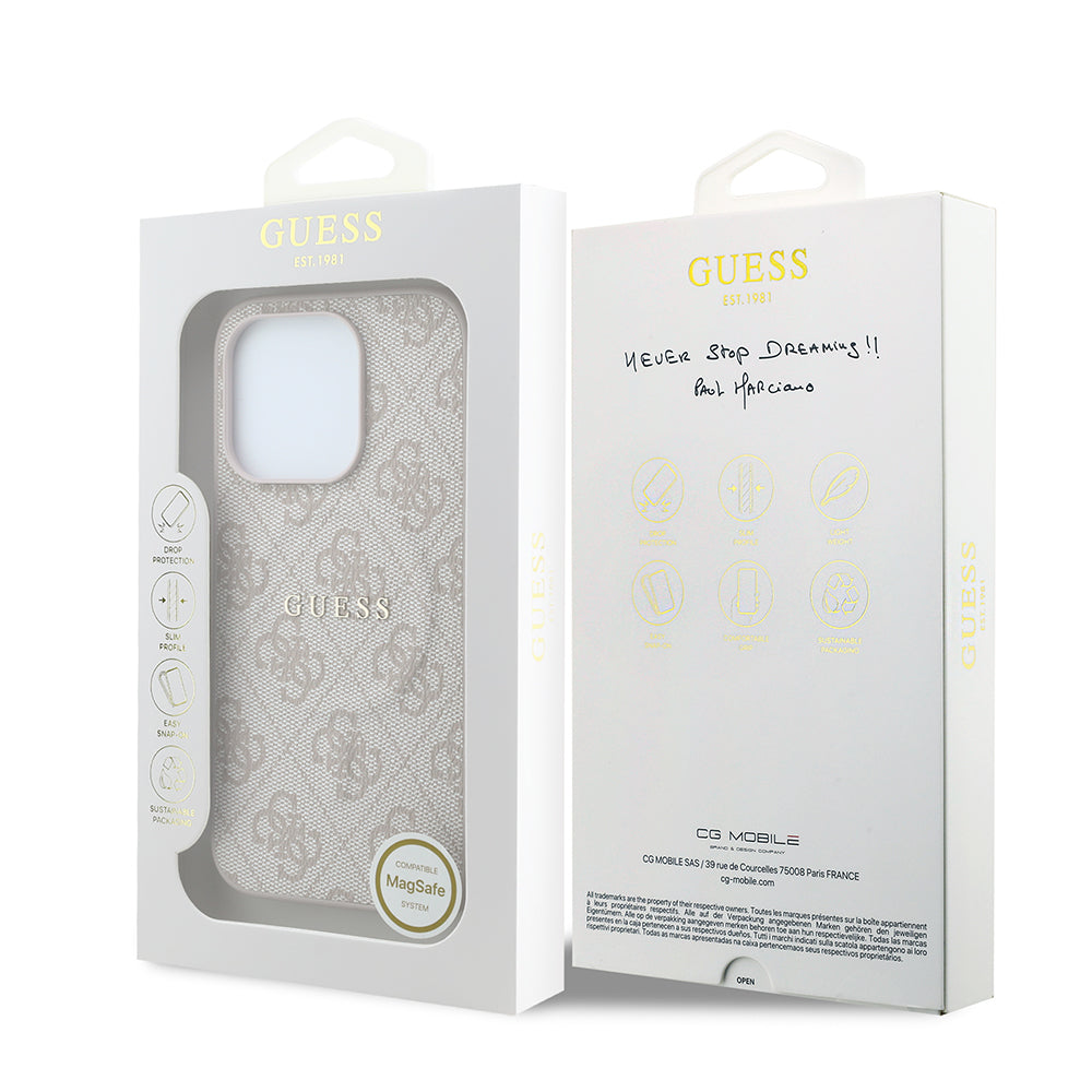 Apple iPhone 15 Pro Kılıf Guess M-safe Kabartmalı 4G Desenli Yazı Logolu Kapak Pembe