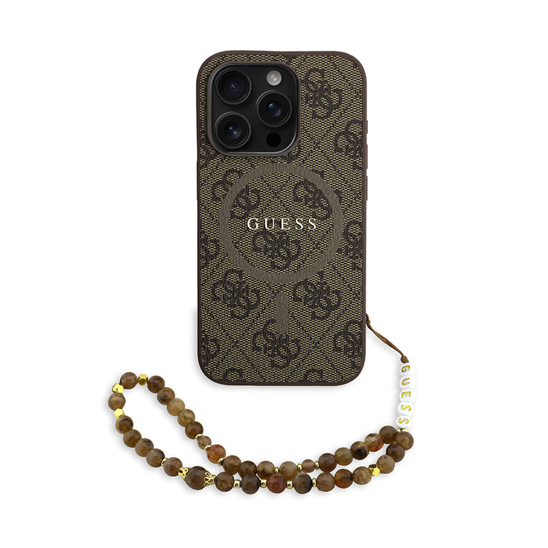 Apple iPhone 15 Pro Kılıf Guess M-safe Şarj Özellikli Bilek Askı İpli Yazı Logolu Kapak Kahverengi