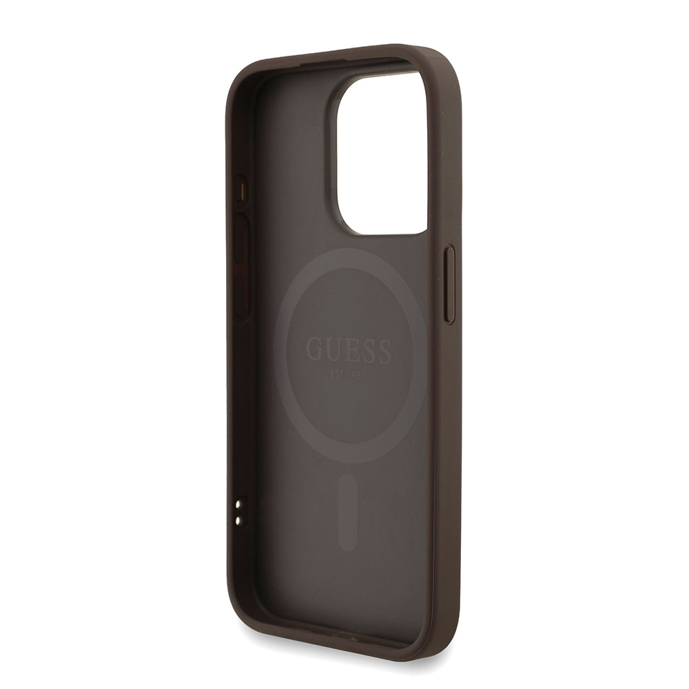 Apple iPhone 15 Pro Kılıf Guess M-safe Şarj Özellikli Bilek Askı İpli Yazı Logolu Kapak Kahverengi