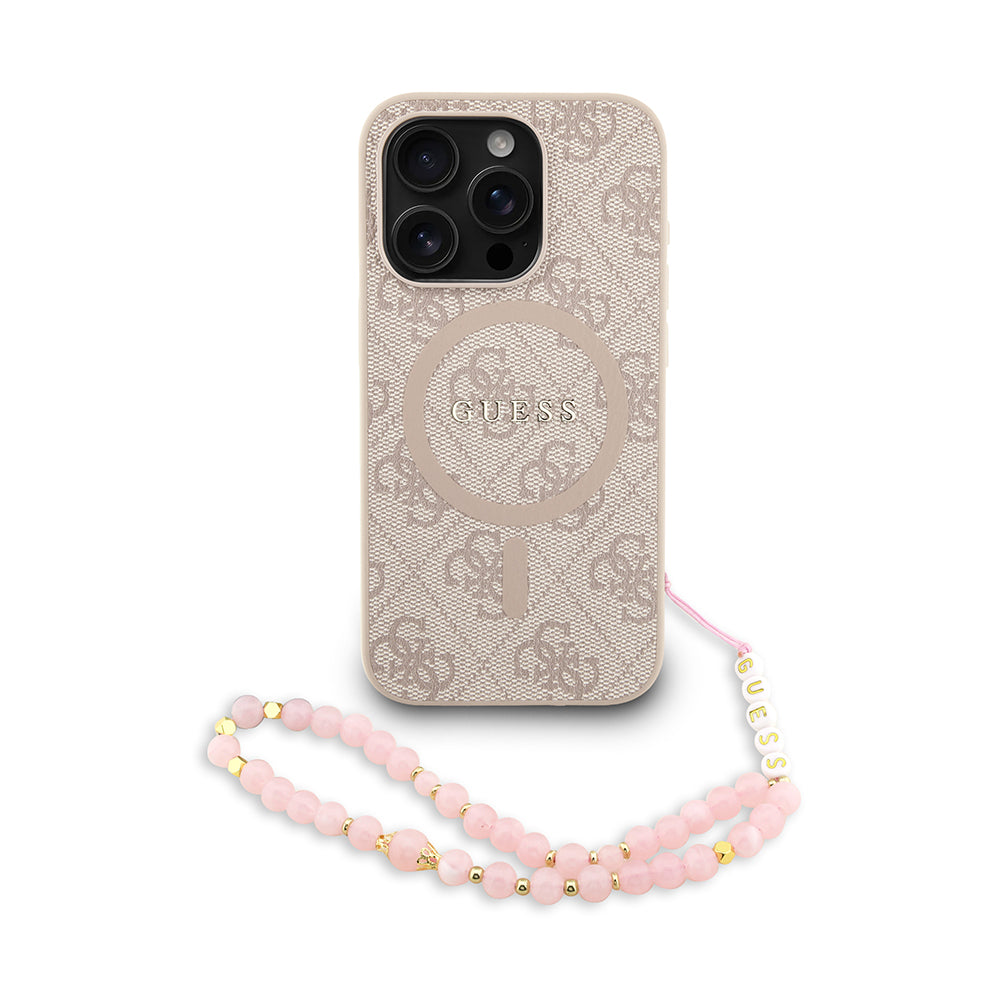 Apple iPhone 15 Pro Kılıf Guess M-safe Şarj Özellikli Bilek Askı İpli Yazı Logolu Kapak Pembe