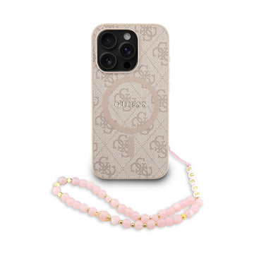 Apple iPhone 15 Pro Kılıf Guess M-safe Şarj Özellikli Bilek Askı İpli Yazı Logolu Kapak Pembe