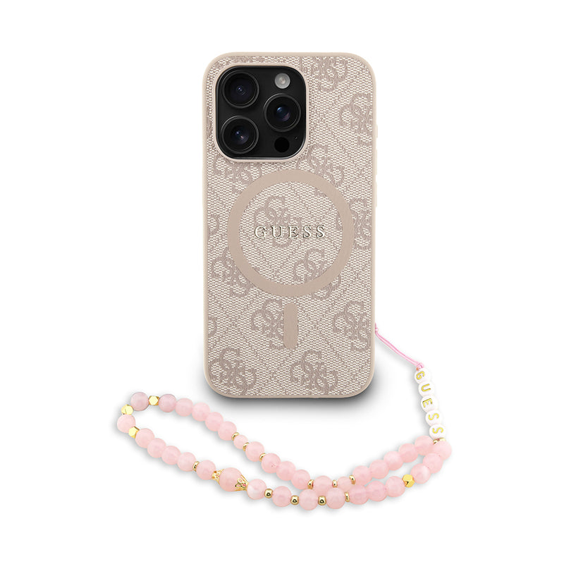Apple iPhone 15 Pro Kılıf Guess M-safe Şarj Özellikli Bilek Askı İpli Yazı Logolu Kapak Pembe