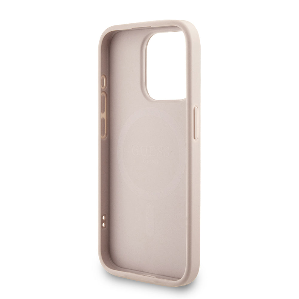 Apple iPhone 15 Pro Kılıf Guess M-safe Şarj Özellikli Bilek Askı İpli Yazı Logolu Kapak Pembe