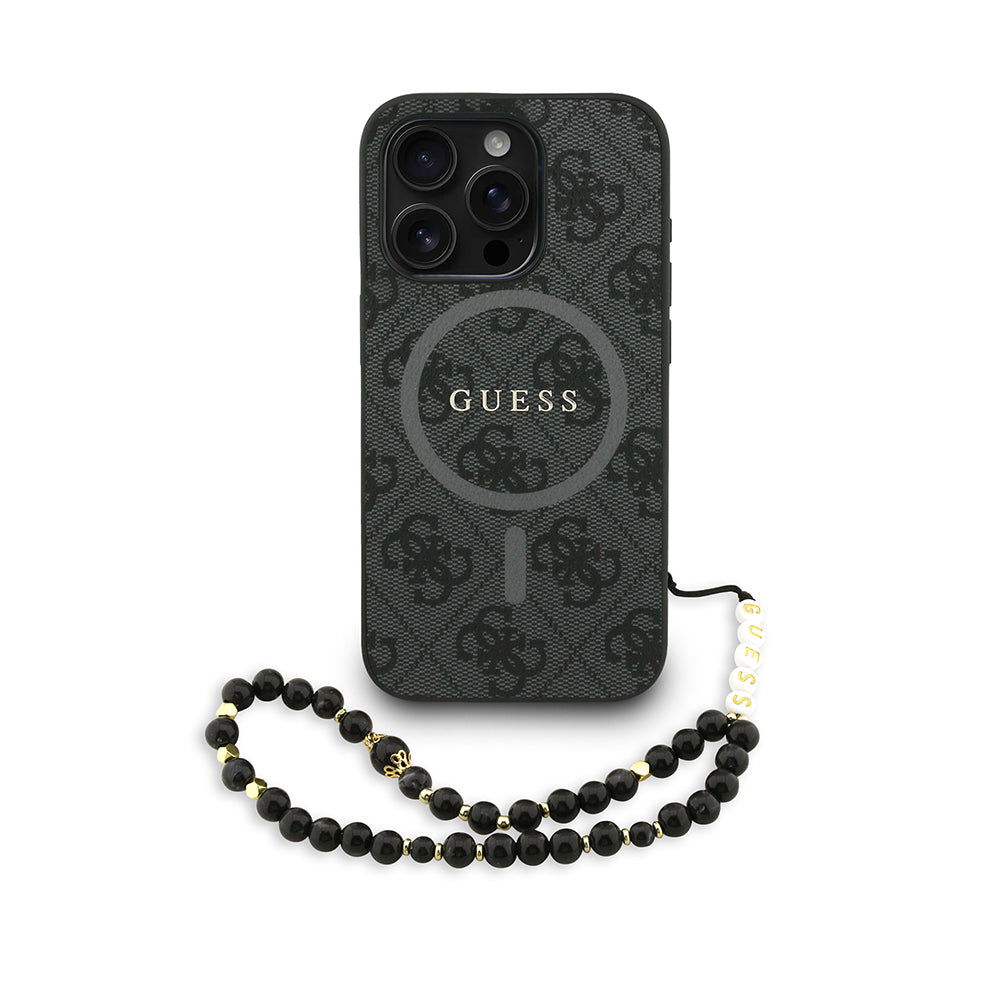 Apple iPhone 15 Pro Kılıf Guess M-safe Şarj Özellikli Bilek Askı İpli Yazı Logolu Kapak Siyah