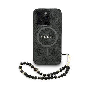 Apple iPhone 15 Pro Kılıf Guess M-safe Şarj Özellikli Bilek Askı İpli Yazı Logolu Kapak Siyah