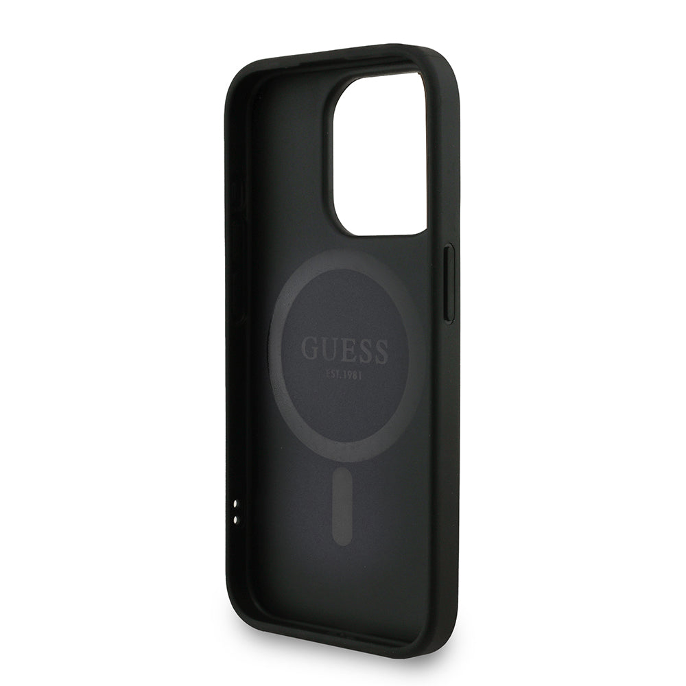 Apple iPhone 15 Pro Kılıf Guess M-safe Şarj Özellikli Bilek Askı İpli Yazı Logolu Kapak Siyah