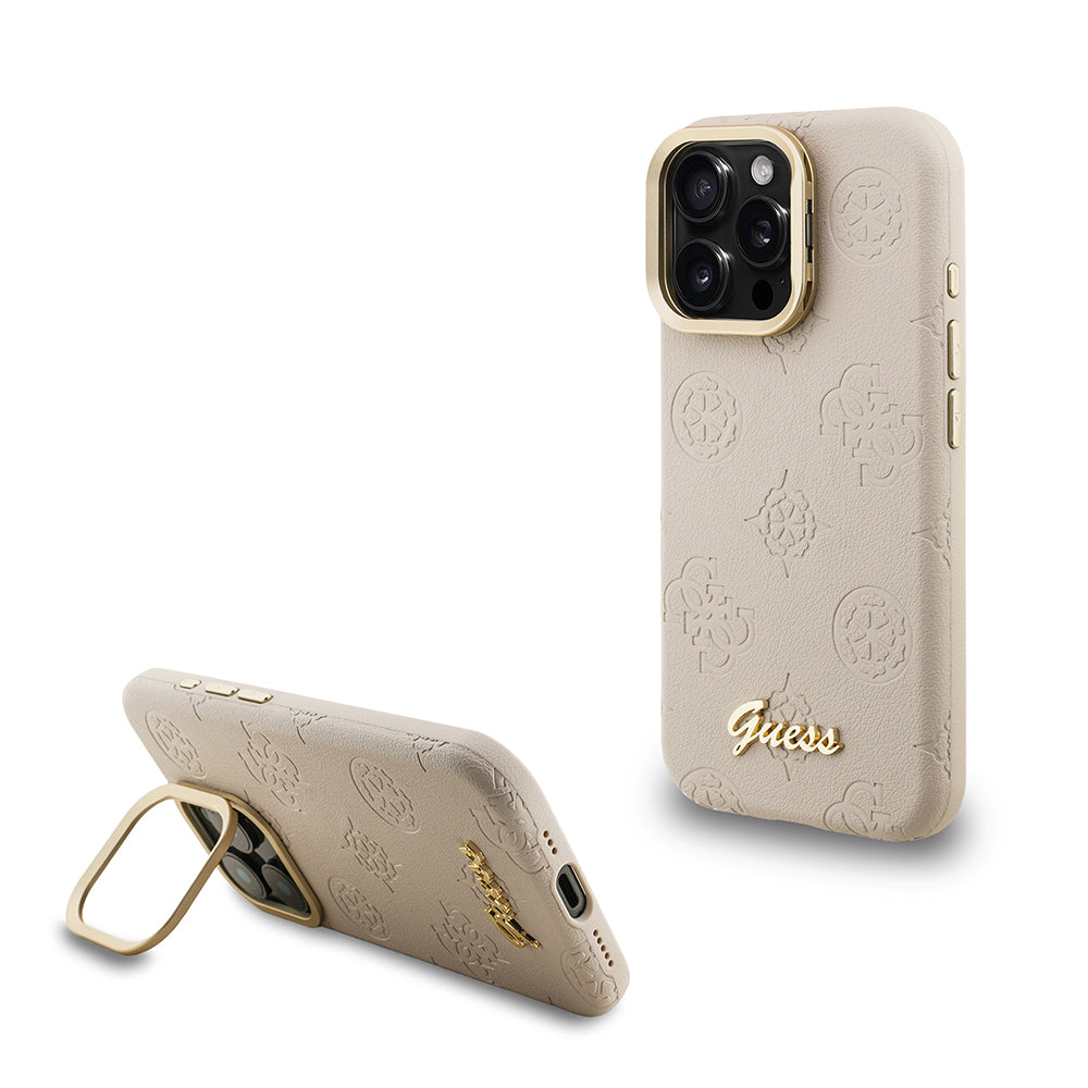 Apple iPhone 15 Pro Kılıf Guess M-safe Şarj Özellikli Kamera Standlı Peony Kapak PU Deri Bej