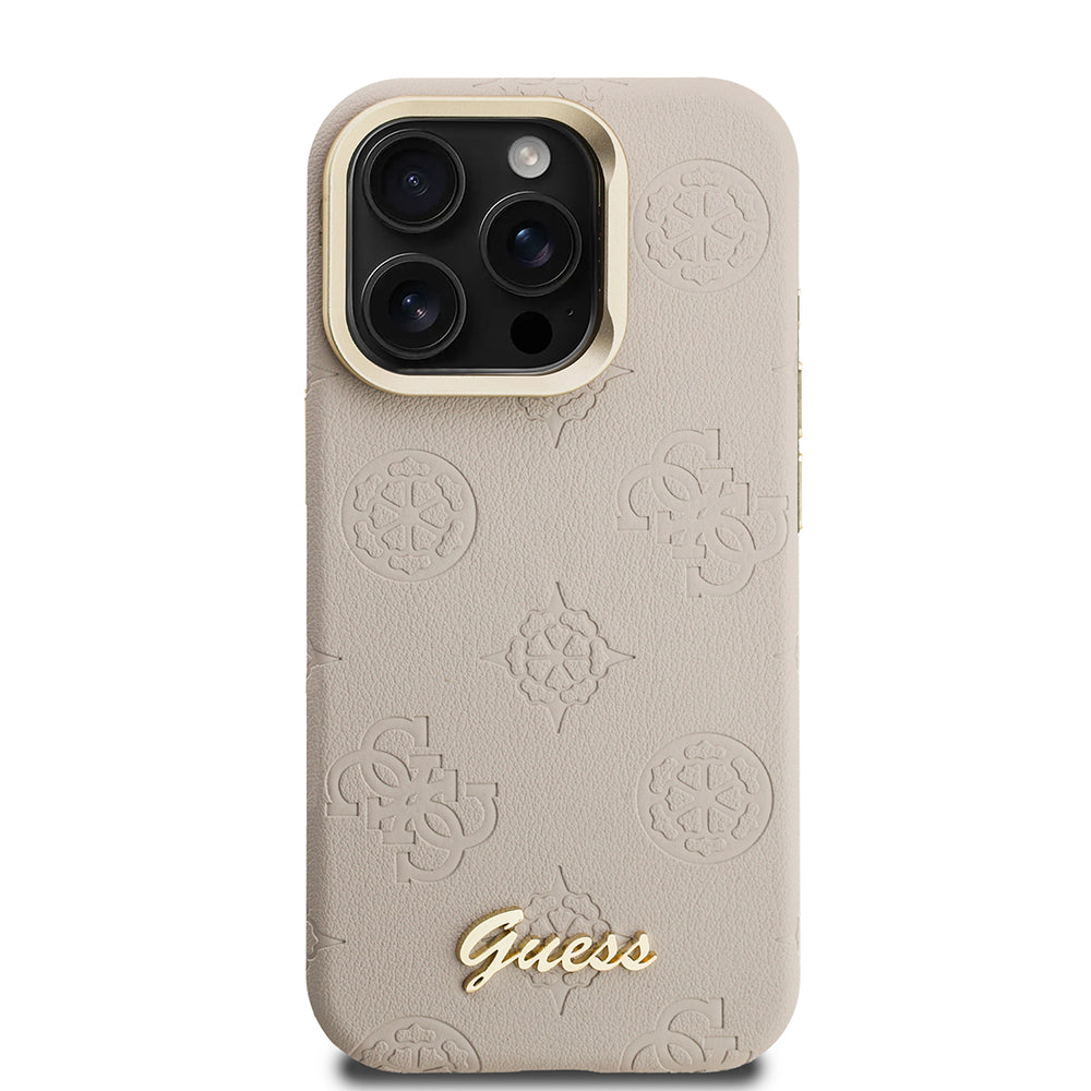 Apple iPhone 15 Pro Kılıf Guess M-safe Şarj Özellikli Kamera Standlı Peony Kapak PU Deri Bej
