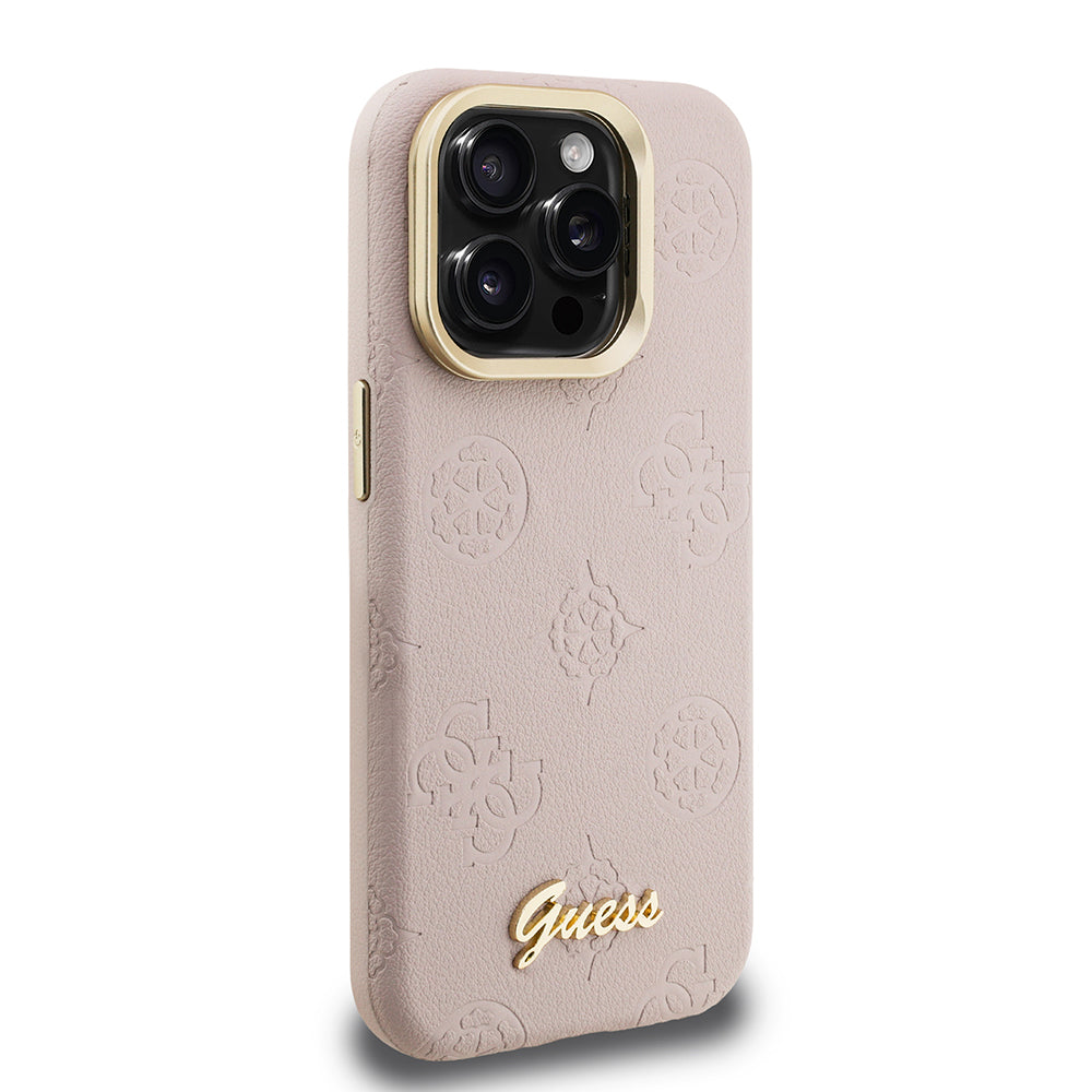 Apple iPhone 15 Pro Kılıf Guess M-safe Şarj Özellikli Kamera Standlı Peony Kapak PU Deri Pembe