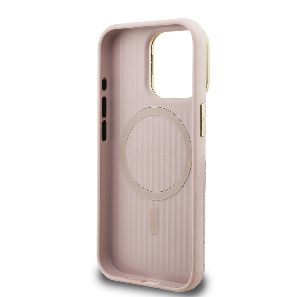 Apple iPhone 15 Pro Kılıf Guess M-safe Şarj Özellikli Kamera Standlı Peony Kapak PU Deri Pembe