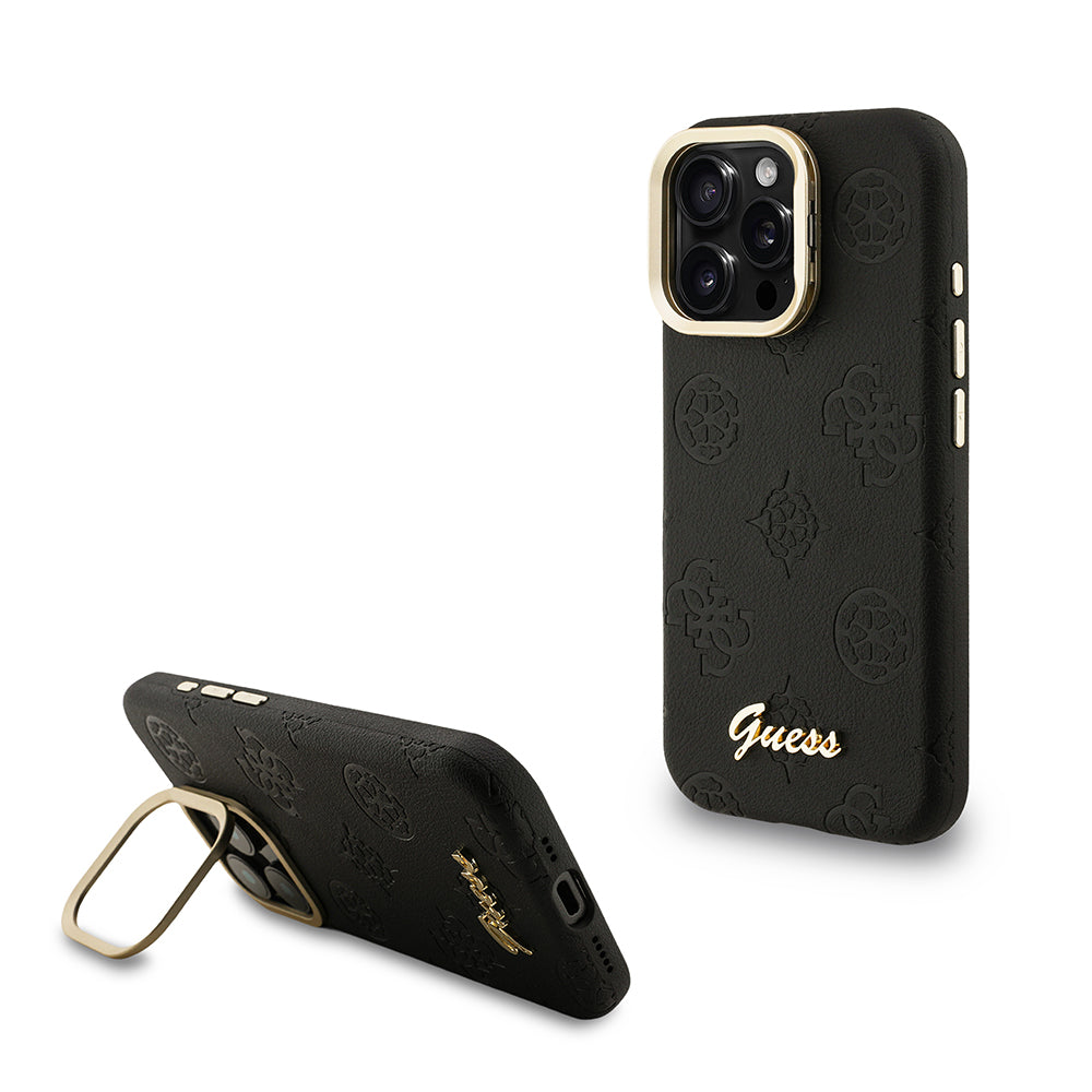 Apple iPhone 15 Pro Kılıf Guess M-safe Şarj Özellikli Kamera Standlı Peony Kapak PU Deri Siyah