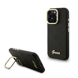 Apple iPhone 15 Pro Kılıf Guess M-safe Şarj Özellikli Kamera Standlı Peony Kapak PU Deri Siyah