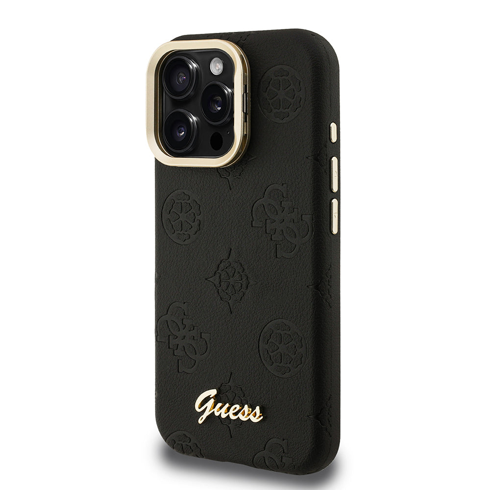Apple iPhone 15 Pro Kılıf Guess M-safe Şarj Özellikli Kamera Standlı Peony Kapak PU Deri Siyah