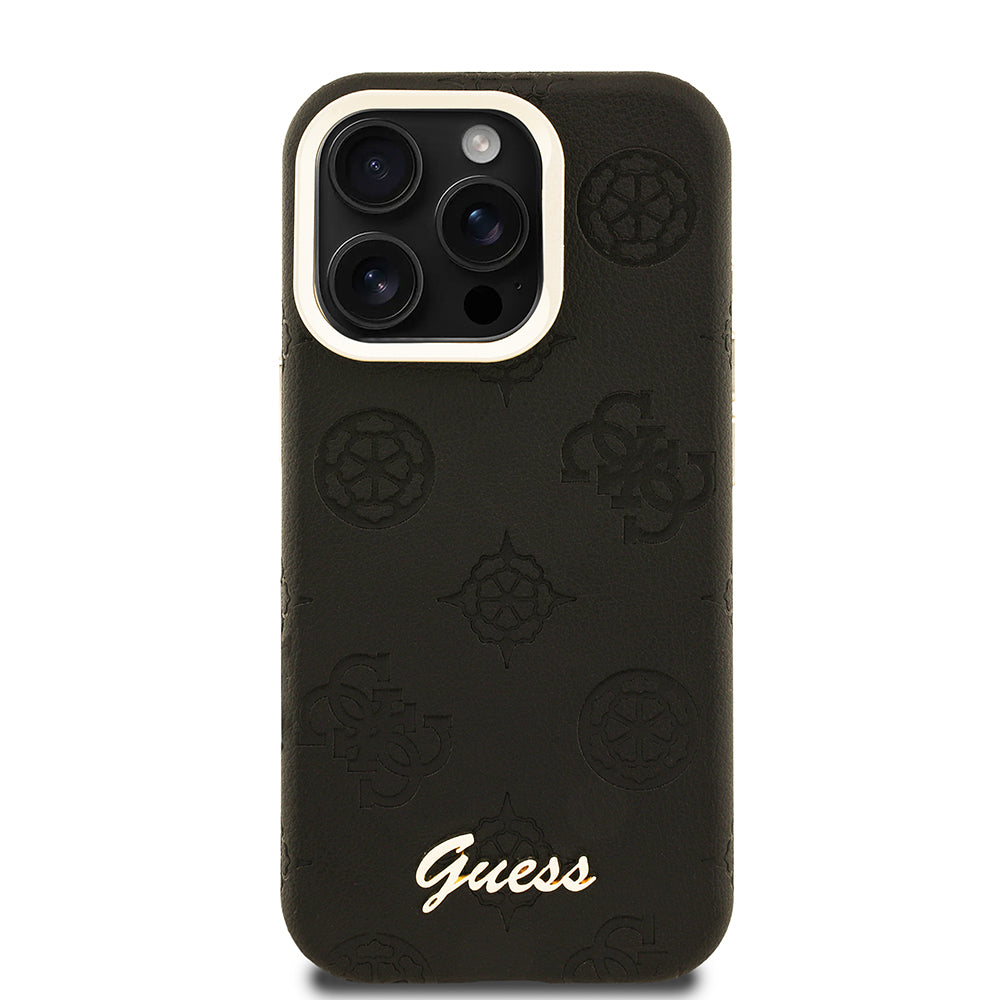 Apple iPhone 15 Pro Kılıf Guess M-safe Şarj Özellikli Kamera Standlı Peony Kapak PU Deri Siyah