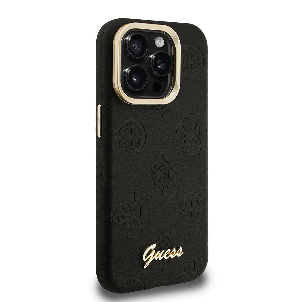 Apple iPhone 15 Pro Kılıf Guess M-safe Şarj Özellikli Kamera Standlı Peony Kapak PU Deri Siyah