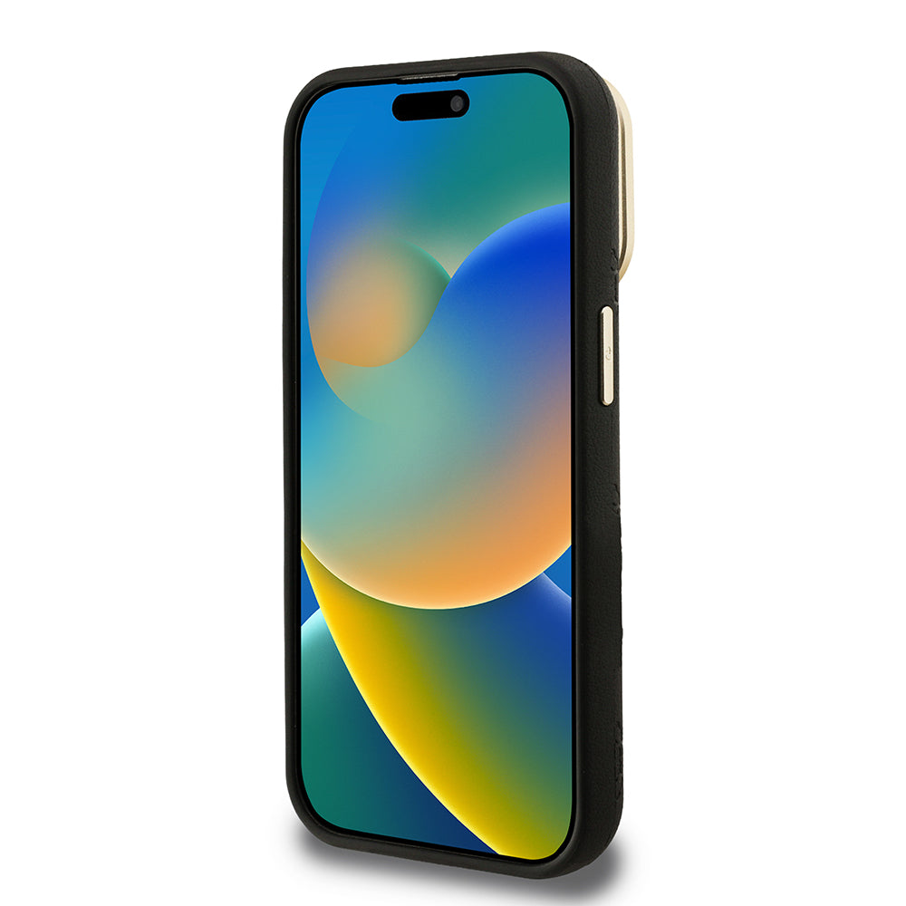 Apple iPhone 15 Pro Kılıf Guess M-safe Şarj Özellikli Kamera Standlı Peony Kapak PU Deri Siyah