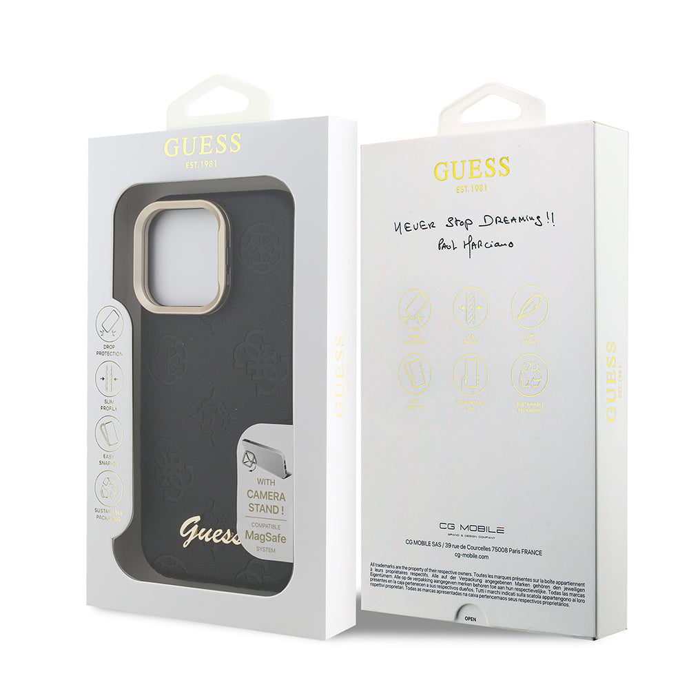 Apple iPhone 15 Pro Kılıf Guess M-safe Şarj Özellikli Kamera Standlı Peony Kapak PU Deri Siyah