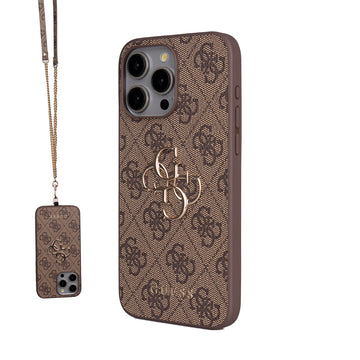 Apple iPhone 15 Pro Max Kılıf Guess 4G Büyük Metal Logolu Askılı Kapak Kahverengi