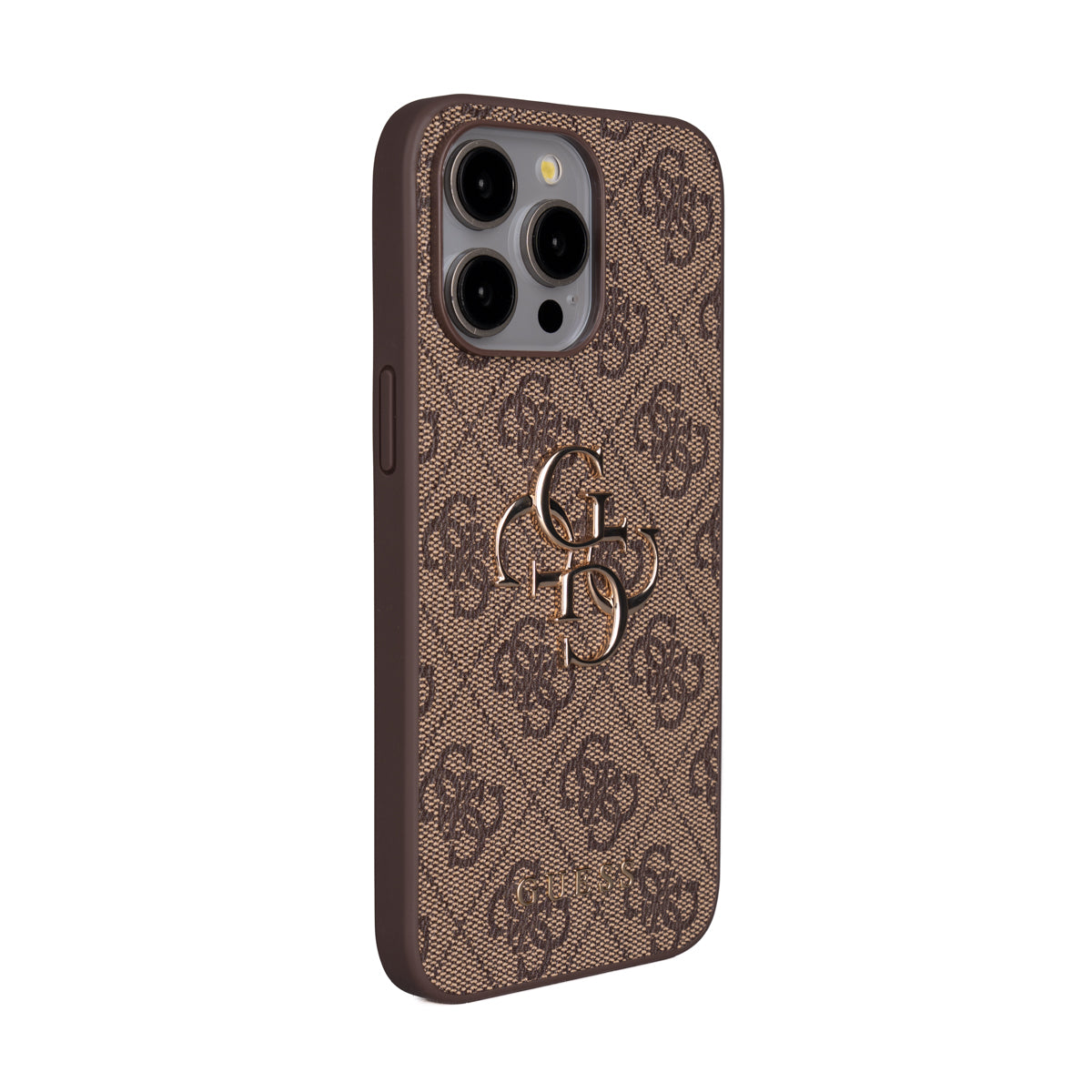 Apple iPhone 15 Pro Max Kılıf Guess 4G Büyük Metal Logolu Askılı Kapak Kahverengi