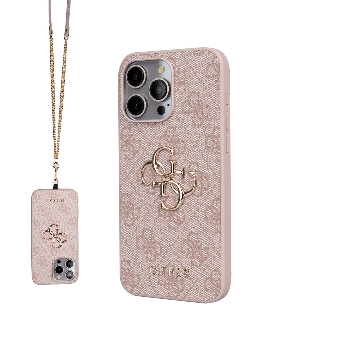 Apple iPhone 15 Pro Max Kılıf Guess 4G Büyük Metal Logolu Askılı Kapak Pembe