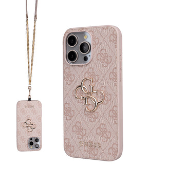 Apple iPhone 15 Pro Max Kılıf Guess 4G Büyük Metal Logolu Askılı Kapak Pembe