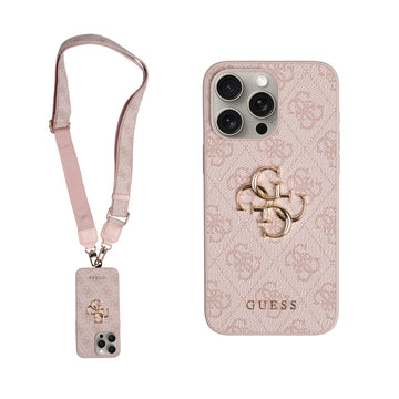 Apple iPhone 15 Pro Max Kılıf Guess 4G Büyük Metal Logolu Kalın Askılı Kapak Pembe