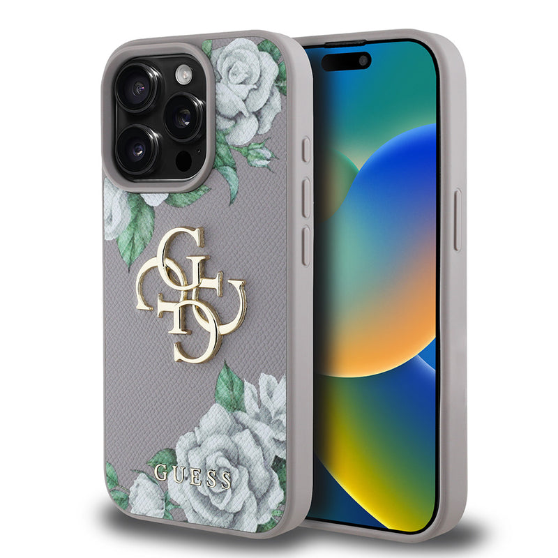 Apple iPhone 15 Pro Max Kılıf Guess Beyaz Gül Baskılı Büyük Metal Logolu Kapak Gri