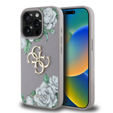 Apple iPhone 15 Pro Max Kılıf Guess Beyaz Gül Baskılı Büyük Metal Logolu Kapak Gri