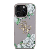 Apple iPhone 15 Pro Max Kılıf Guess Beyaz Gül Baskılı Büyük Metal Logolu Kapak Gri