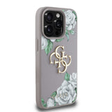 Apple iPhone 15 Pro Max Kılıf Guess Beyaz Gül Baskılı Büyük Metal Logolu Kapak Gri
