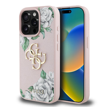 Apple iPhone 15 Pro Max Kılıf Guess Beyaz Gül Baskılı Büyük Metal Logolu Kapak Pembe