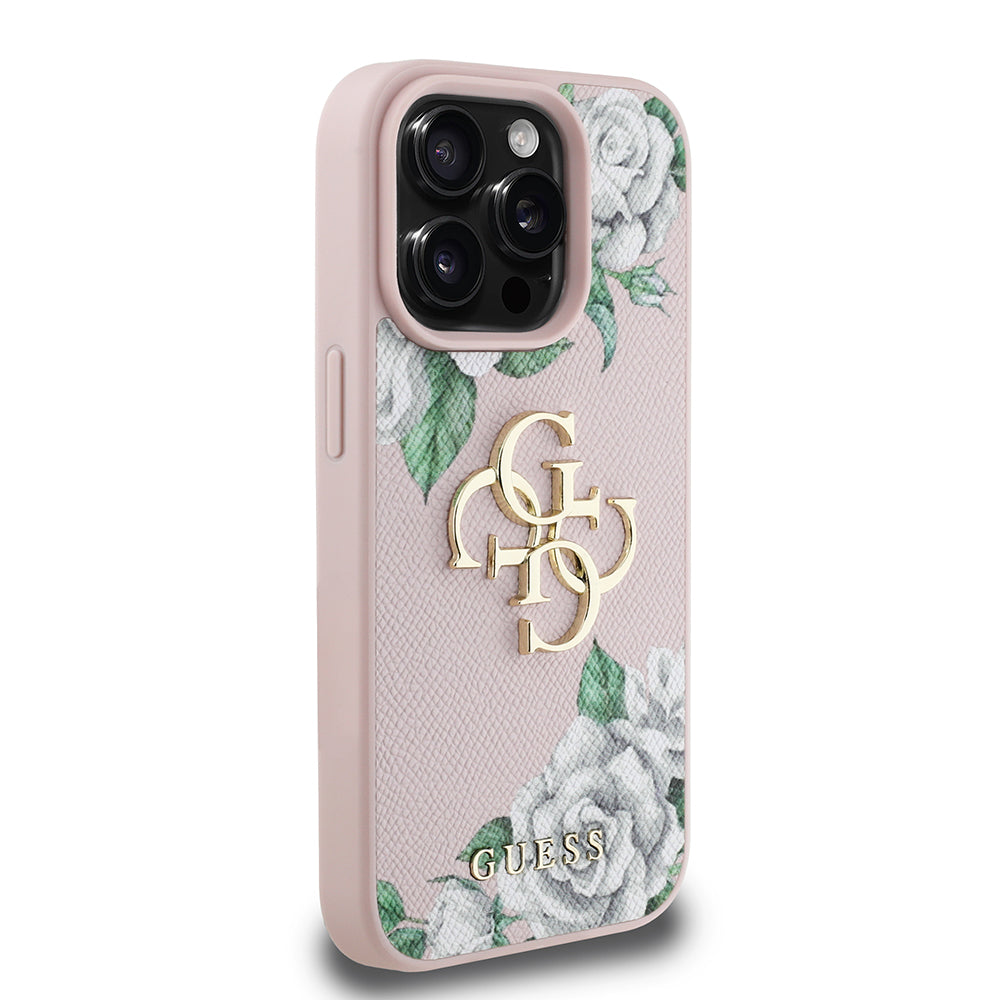 Apple iPhone 15 Pro Max Kılıf Guess Beyaz Gül Baskılı Büyük Metal Logolu Kapak Pembe