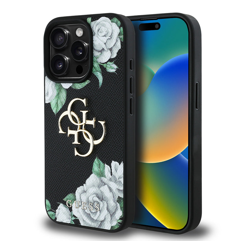 Apple iPhone 15 Pro Max Kılıf Guess Beyaz Gül Baskılı Büyük Metal Logolu Kapak Siyah
