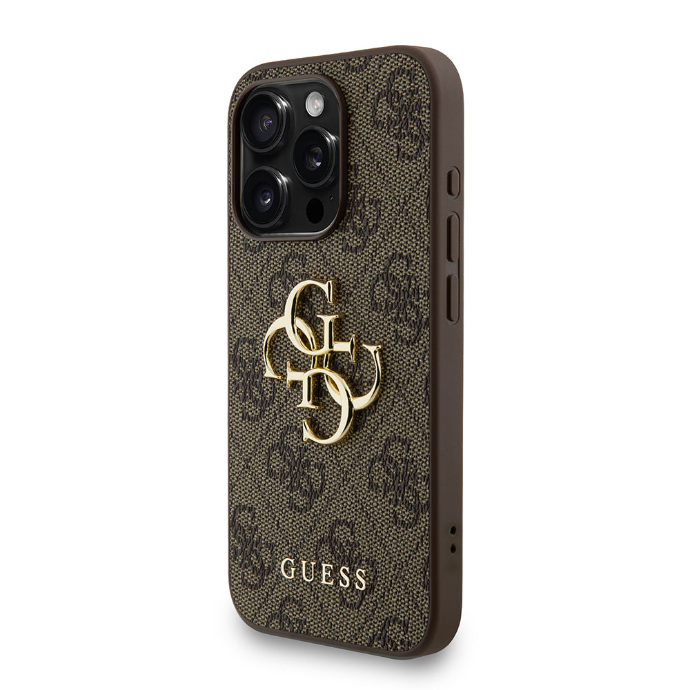 Apple iPhone 15 Pro Max Kılıf Guess Bilek Askı İpli Kapak Metal Büyük 4G ve Yazı Logolu Kahverengi