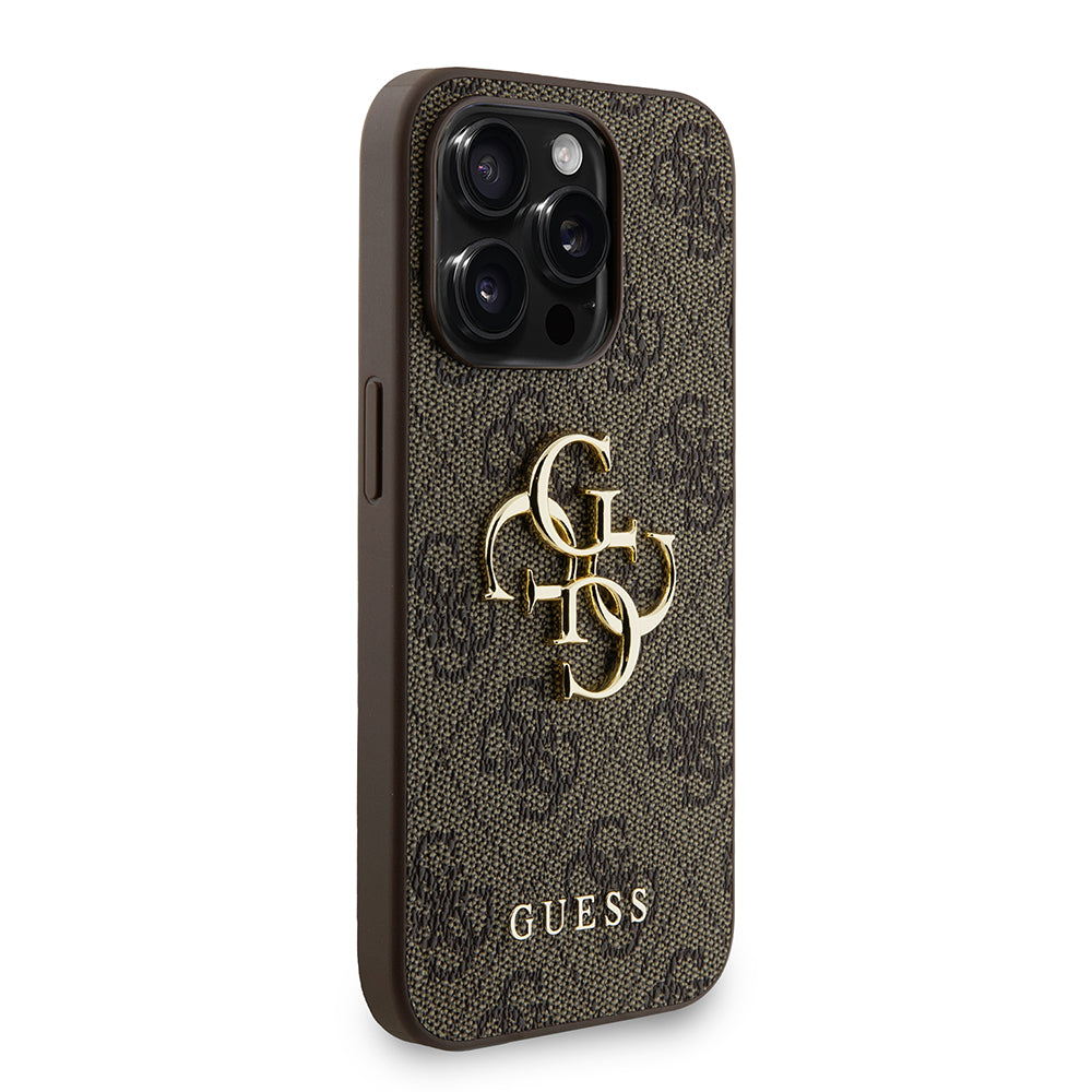 Apple iPhone 15 Pro Max Kılıf Guess Bilek Askı İpli Kapak Metal Büyük 4G ve Yazı Logolu Kahverengi