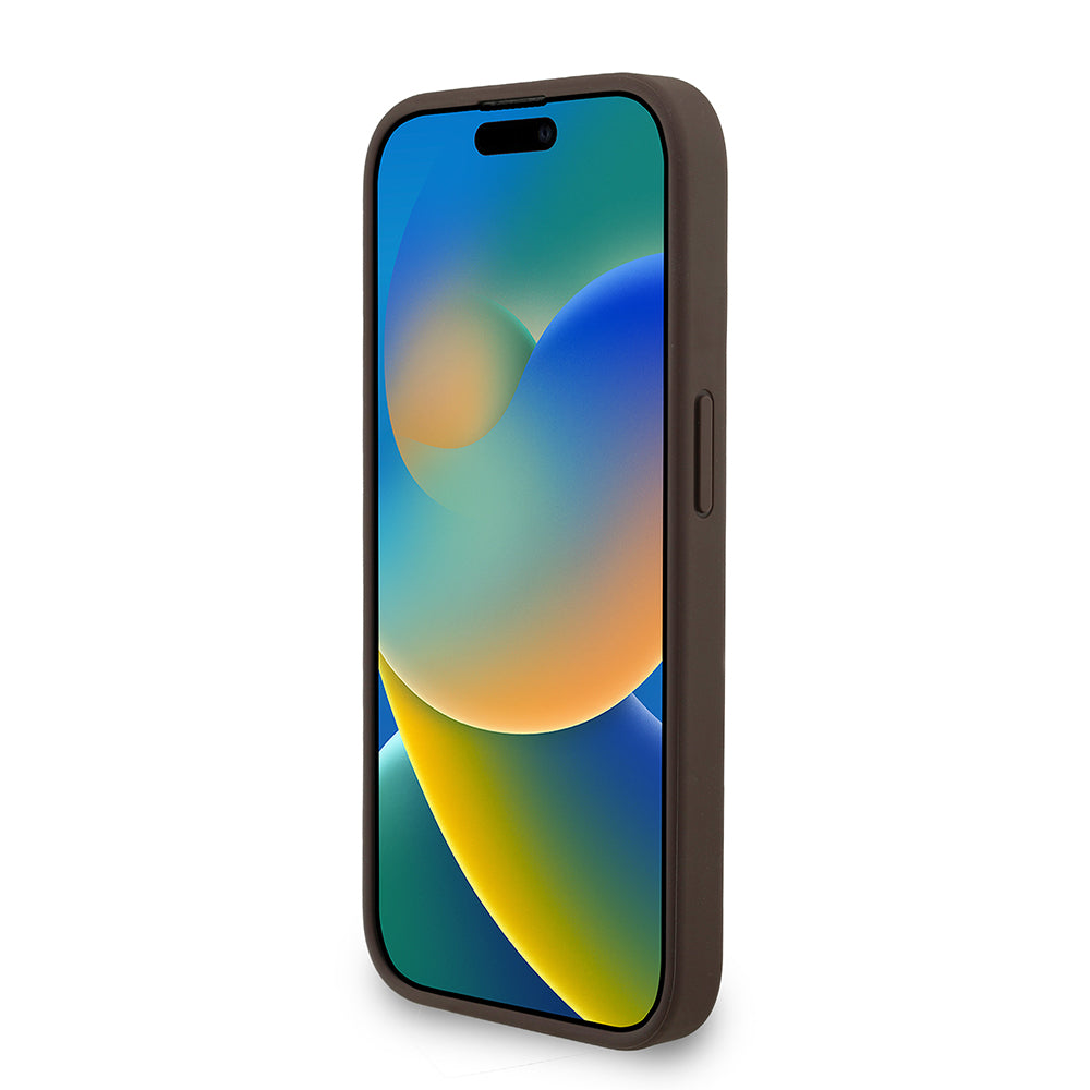Apple iPhone 15 Pro Max Kılıf Guess Bilek Askı İpli Kapak Metal Büyük 4G ve Yazı Logolu Kahverengi