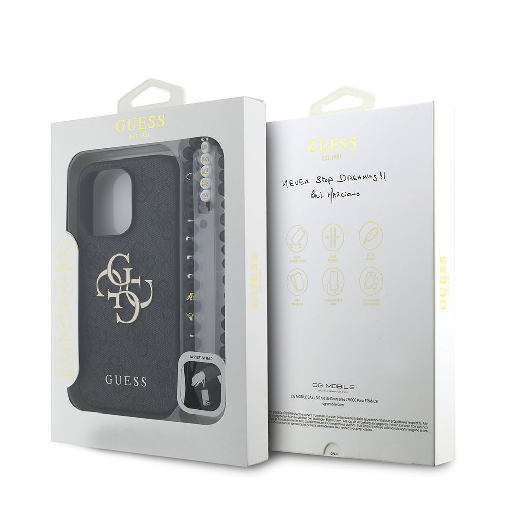 Apple iPhone 15 Pro Max Kılıf Guess Bilek Askı İpli Kapak Metal Büyük 4G ve Yazı Logolu Siyah