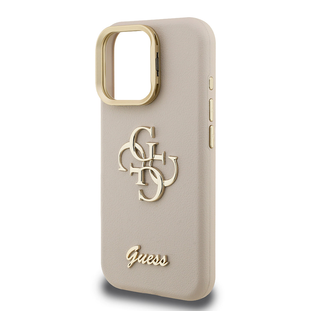 Apple iPhone 15 Pro Max Kılıf Guess Kamera Standlı Grained Yazı Logolu Kapak Bej