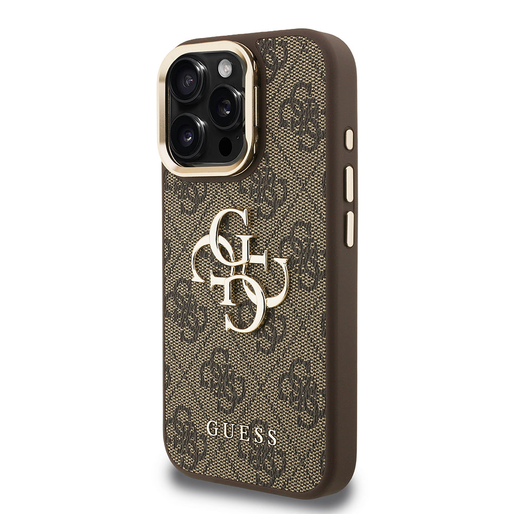 Apple iPhone 15 Pro Max Kılıf Guess Kamera Standlı Kapak 4G Desenli Metal 4G Logolu Kahverengi