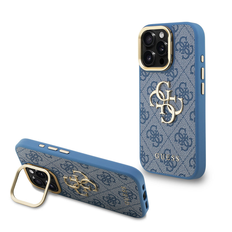 Apple iPhone 15 Pro Max Kılıf Guess Kamera Standlı Kapak 4G Desenli Metal 4G Logolu Mavi